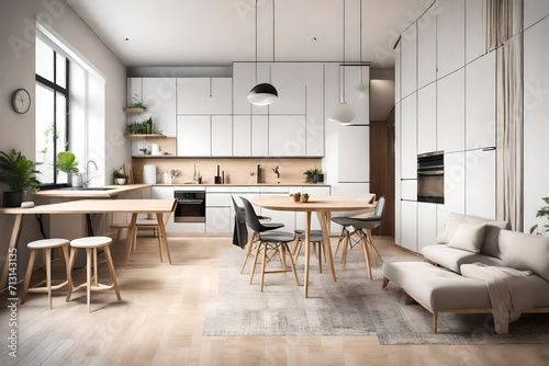 seamless panorama of living room and kitchen interior design. Modern studio apartment in the Scandinavian minimalist style