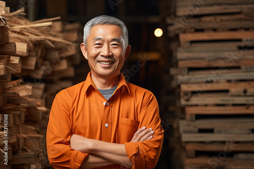 Worker. Asian man smiling. Generative AI