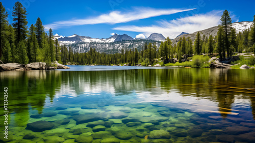 Serene mountain lake with clear waters and lush forest