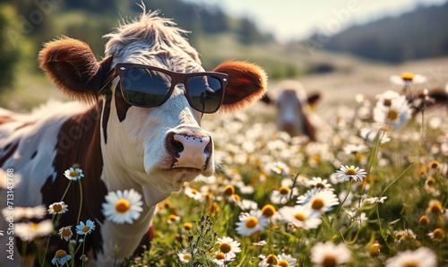 Humorous portrait of a happy cow with sunglasses in a sunny field of daisies, representing joy, summer vibes, whimsy in nature, and a carefree attitude in rural life photo