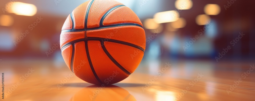 A basket ball on an amazing empty basketball court with blurred light backround.