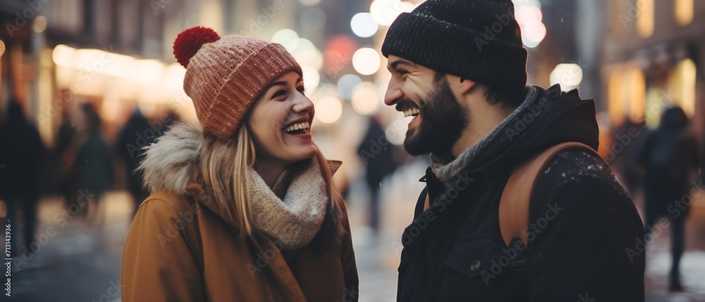 Happy young couple. laughing couple walking happily on the street city. Happy young couple. laughing couple walking happily on the street city.