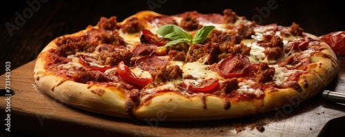 A traditional delicious italian pizza on wooden board  close up.