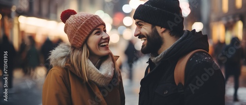 Happy young couple. laughing couple walking happily on the street city.