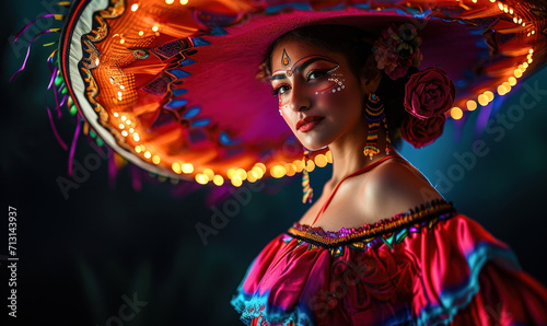 Elegant female dancer in vibrant traditional Mexican dress and sombrero with dynamic neon light trails, embodying the spirited culture of Mexico