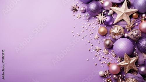 Whimsical Christmas Flat Lay with Sparkling Toys on a Lavender Background - Top View Composition for Festive Text and Promotional Content