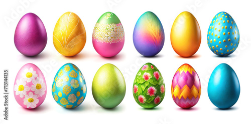 Rows of Multi Colored Gorgeous Easter Eggs on White Background