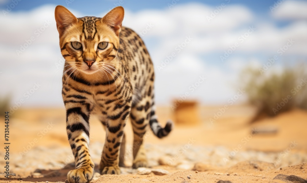 Obraz premium Young and confident Bengal cat walks towards the camera on amazing desert.