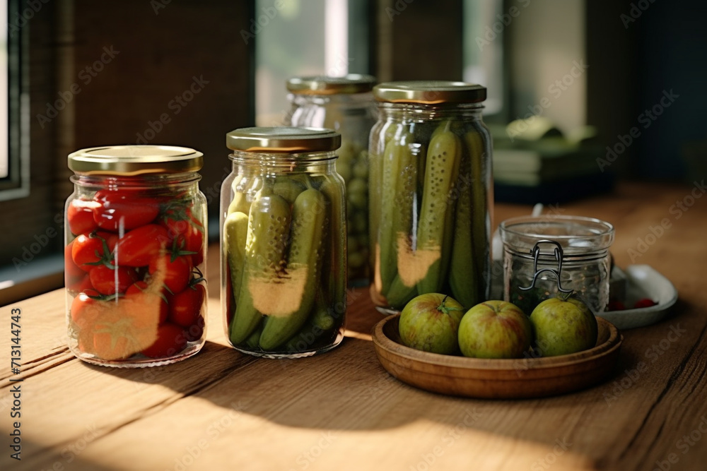 Salted red tomatoes and green gherkins in jars on a light wooden background