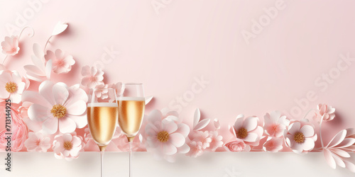 Romantic concept. Two glasses of vine with white flowers. Valentine's day banner template. Celebration with wine. Illustration for wedding, engagement, love message, Women's day, social media.