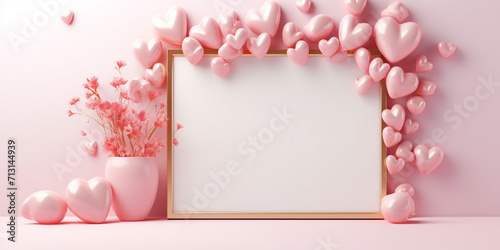 Blank frame decorated with hearts on the pink background. Concept for marketing banner, wedding greeting card, social media, Valentines Day, Birthday, Women's Day, Mother's day, beauty and fashion. © Mrkvica
