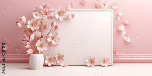 Frame and flowers on pink background. Concept for marketing banner, wedding greeting card, social media, Valentines Day, engagement, love message, celebration, beauty and fashion. 