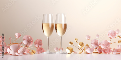 Wine glasses and flowers. Concept for marketing banner, wedding greeting card, social media, Valentines Day, engagement, birthday, love message, celebration, beauty and fashion 