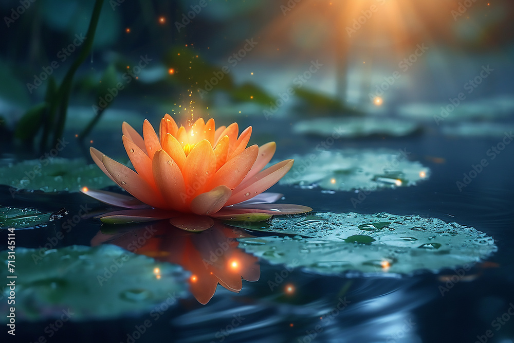 Flower. Beautiful blooming water lily on the water surface. Natural colorful blurred background.