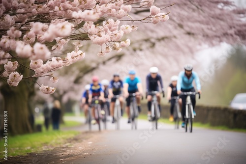 group bike ride on a path with cherry blossoms