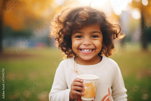 child sipping cream soda with a smile in a park