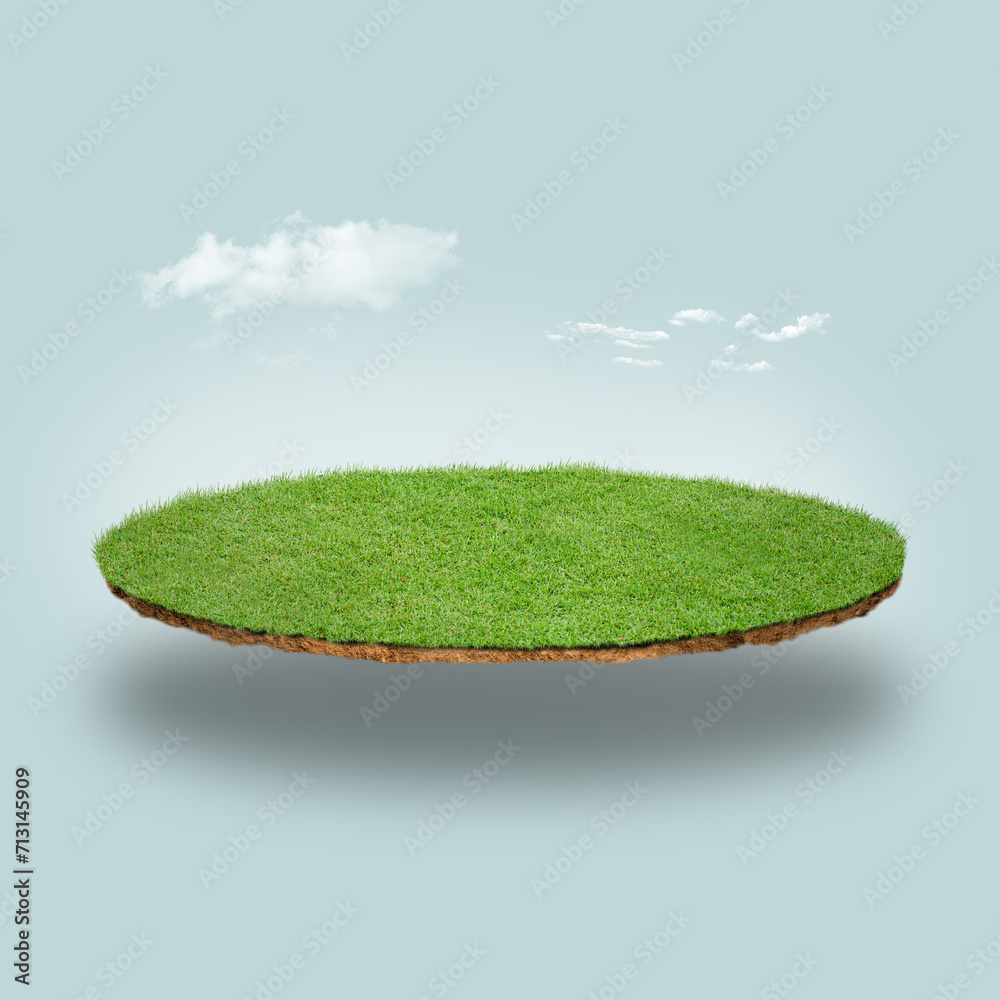 Floating slice of land with green grass surface and soil section. Flying land grass texture and empty grass field isolated. 3d rendered, isolated grass field flying in air with clouds. - obrazy, fototapety, plakaty 