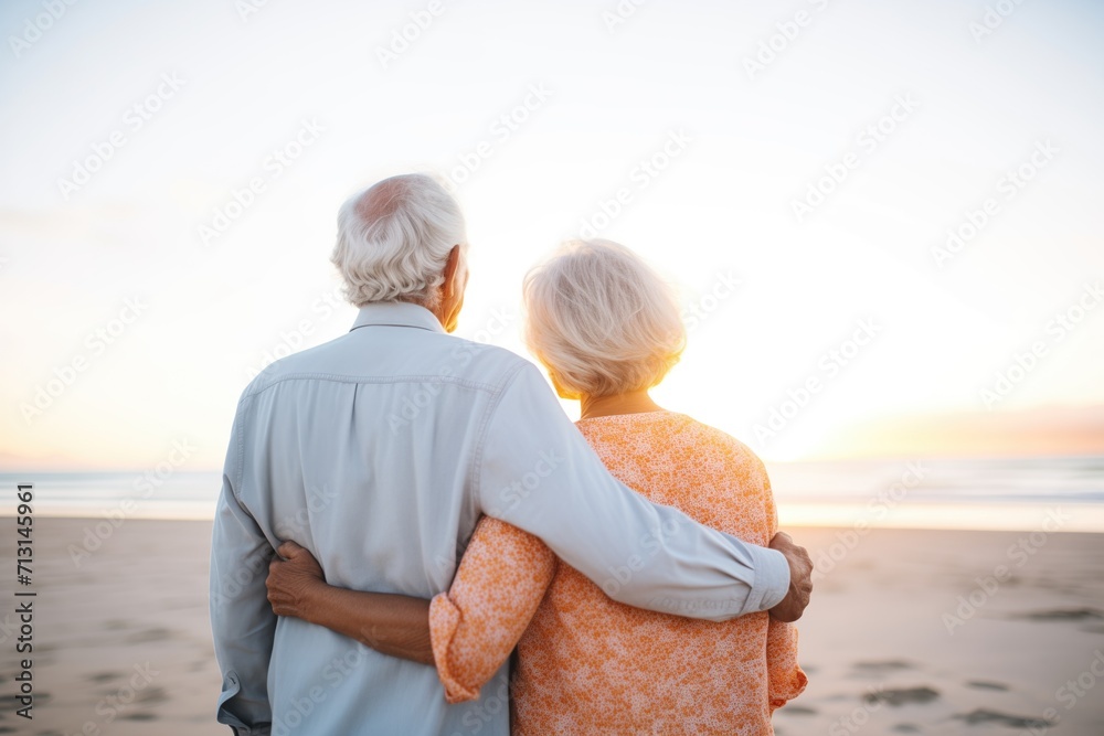 retired couple watching sunset arm in arm on a beach