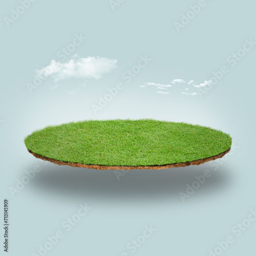 Fototapeta Naklejka Na Ścianę i Meble -  Floating slice of land with green grass surface and soil section. Flying land grass texture and empty grass field isolated. 3d rendered, isolated grass field flying in air with clouds.