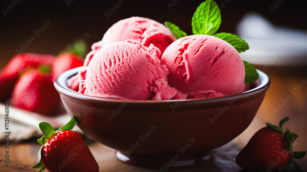 お皿に盛り付けたストロベリーアイスクリーム お皿に盛り付けたストロベリーアイスクリーム