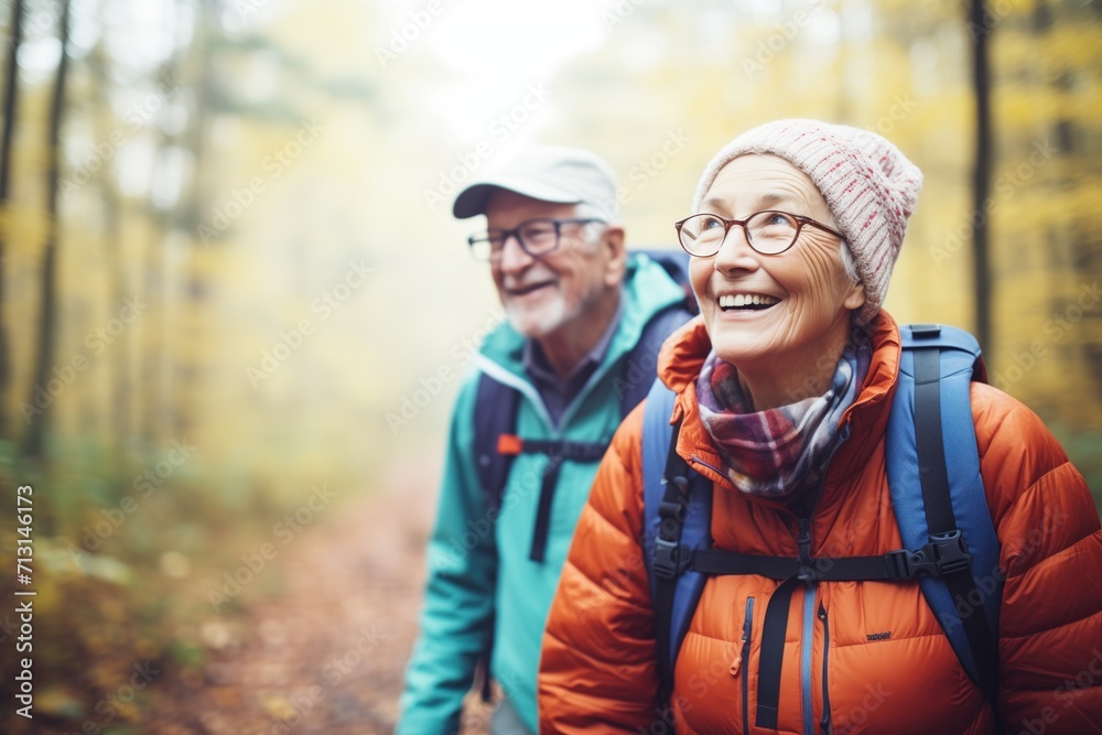 elderly duo with backpacks hiking on a forest trail