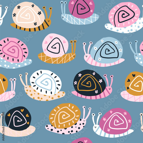 Fototapeta Naklejka Na Ścianę i Meble -  Snails seamless pattern. Summer nursery vector background in colorful trending colors. Hand-drawn childish naive illustrations in a simple Scandinavian style in a limited palette