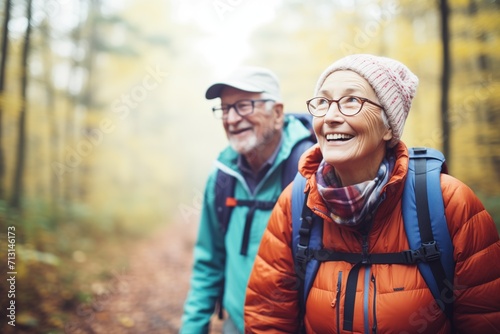 elderly duo with backpacks hiking on a forest trail