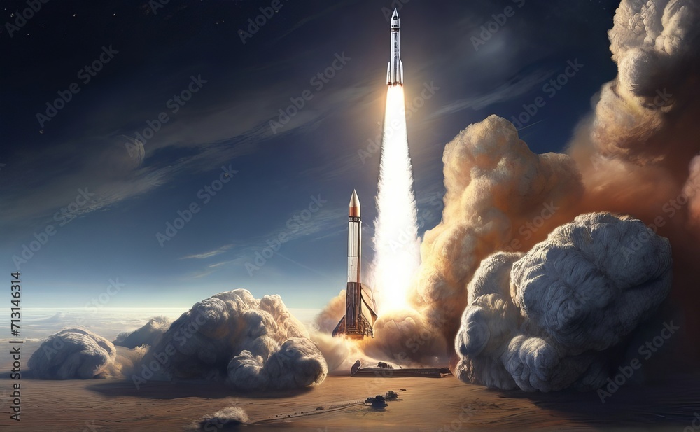 A rocket launching into space - obrazy, fototapety, plakaty 