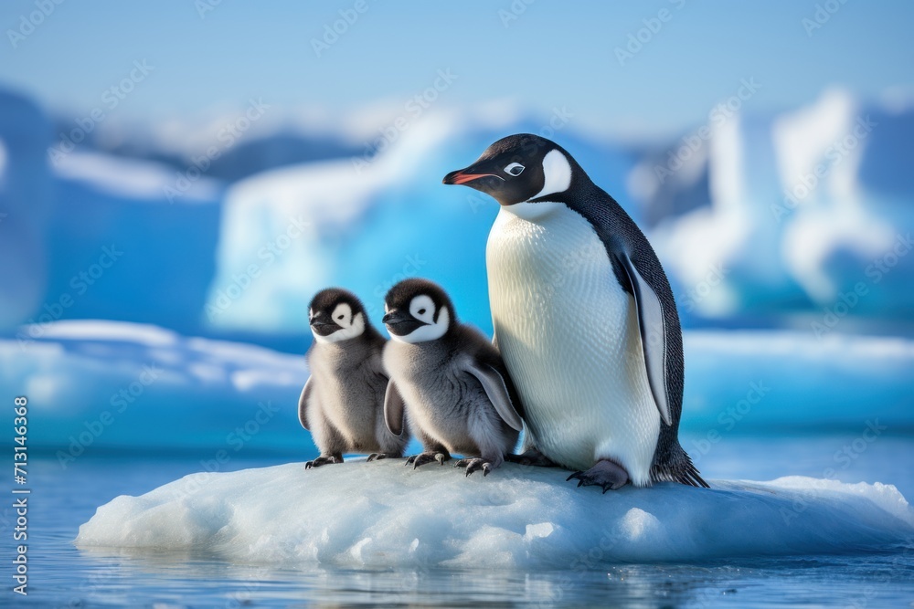 Obraz premium Group of penguins on the ice floe with blue sky background