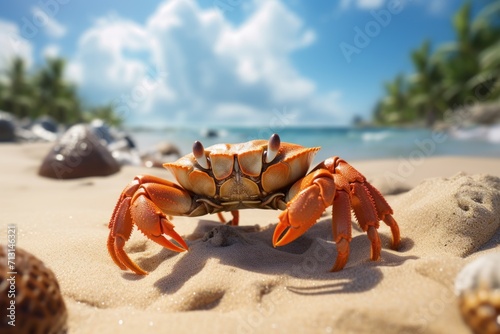 Crab on the sand on the background of the tropical beach. Ecology and environmental protection concept