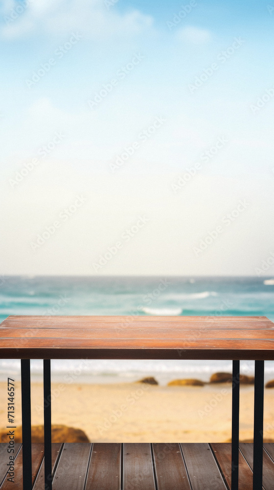 Wooden table ocean bokeh background, empty wood desk surface product display mockup with blurry sea water sunny beach abstract summer travel backdrop advertising presentation. Mock up, copy space.