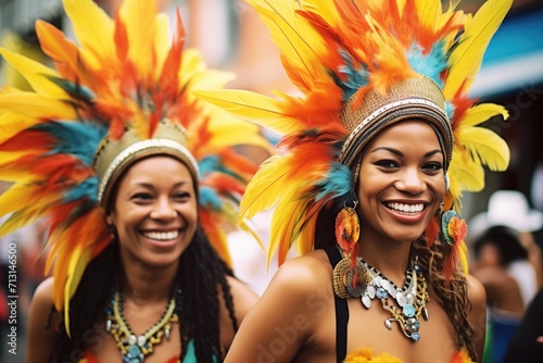 performers with vibrant feather headdresses at a brazilian festival