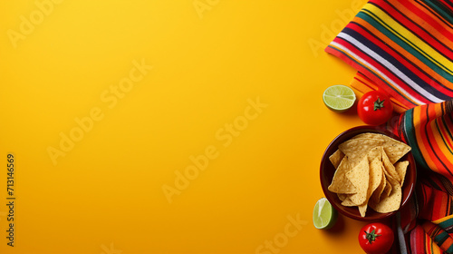 Vibrant Cinco de Mayo Celebration with Top View Photo of Nacho Chips, Salsa Sauce, Tequila, and Colorful Serape on Isolated Bright Yellow Background - Perfect for Festive Promotions and Events!