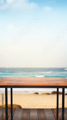 Wooden table ocean bokeh background  empty wood desk surface product display mockup with blurry sea water sunny beach abstract summer travel backdrop advertising presentation. Mock up  copy space.