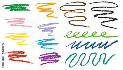 Stripes of color crayon brushes, set of doodle hand drawn elements. Streaks of chalk. Vector illustration