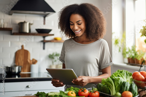 Happy millennial African American girl enjoying cooking salad from fresh vegetables in kitchen, using digital tablet pad, consulting recipe, healthy food blog photo