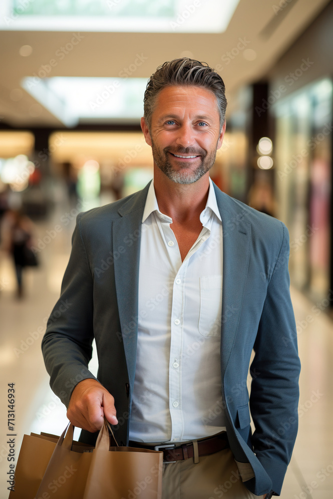A man in a shopping mall in his 40s, with several shopping bags in hand. A man in a shopping mall in his 40s, with several shopping bags in hand.