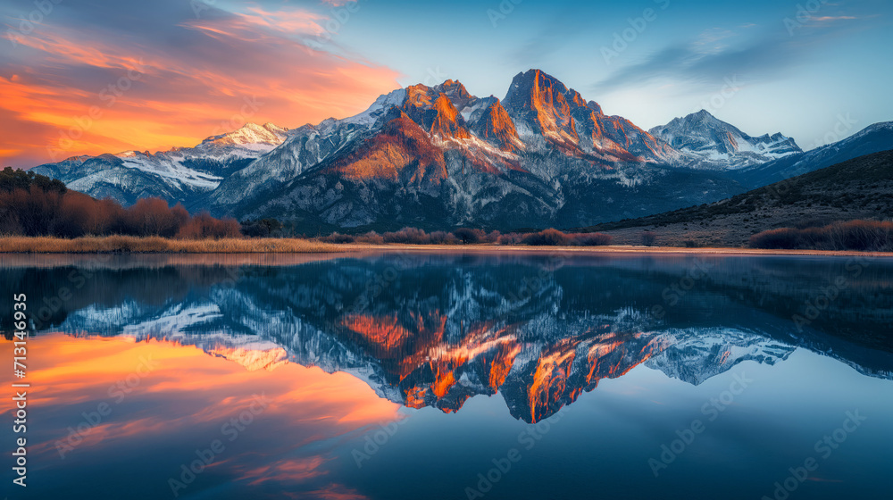 Majestic Peaks Mirrored in Calm Lake at Sunset