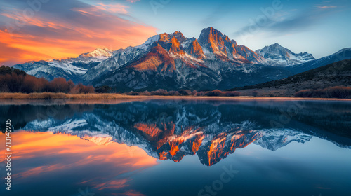 Majestic Peaks Mirrored in Calm Lake at Sunset © Suplim