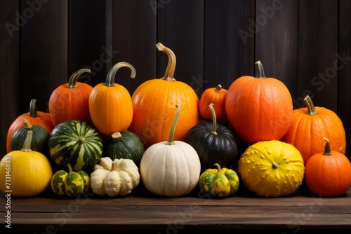 Top view many diversity vegetables whole orange green different pumpkin shapes Halloween background concept lantern party fall harvest gourds Autumn Thanksgiving decoration design food template nature