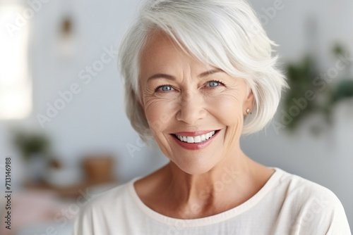 Happy senior blond old woman looking at camera with beautiful toothy smile. Close up front head shot portrait.