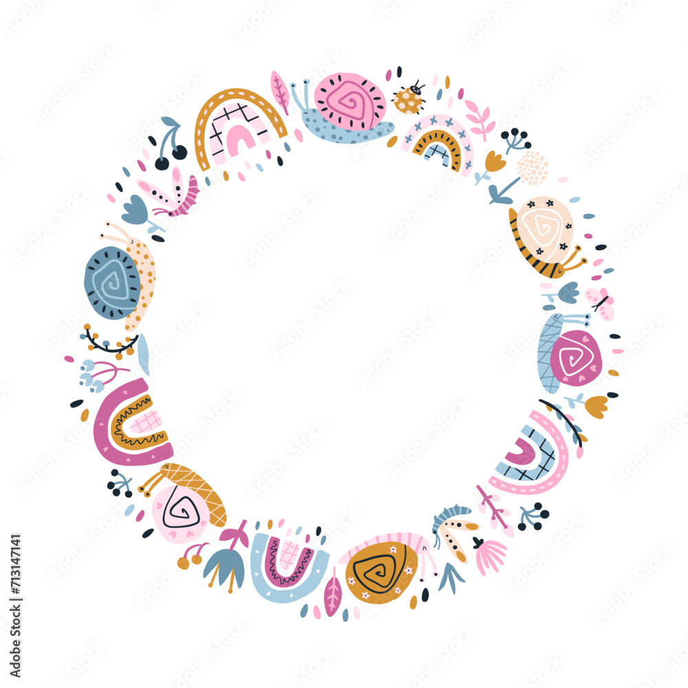 Rainbow snails in the rain. Summer vector round template in colorful trend colors. Hand-drawn naive illustrations in a simple Scandinavian style with a limited palette. Isolate on white background