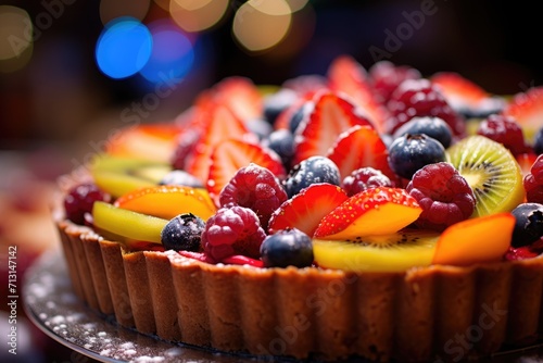 A close-up of a colorful fruit tart.