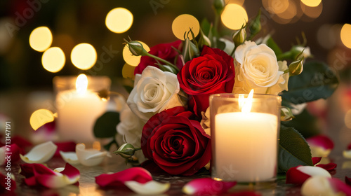 Valentine day  white and red roses laying next candles in soft candle light. 