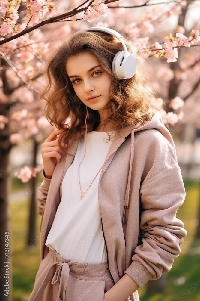 Adorable lovely girl wear trendy clothes listen music walk alone in park spring weather weekend travel outdoors