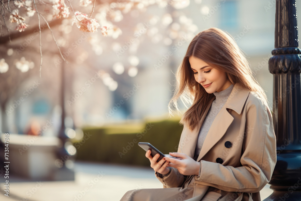 Gorgeous girl sitting on bench reading sms waiting friend meeting date spring outdoors Gorgeous girl sitting on bench reading sms waiting friend meeting date spring outdoors