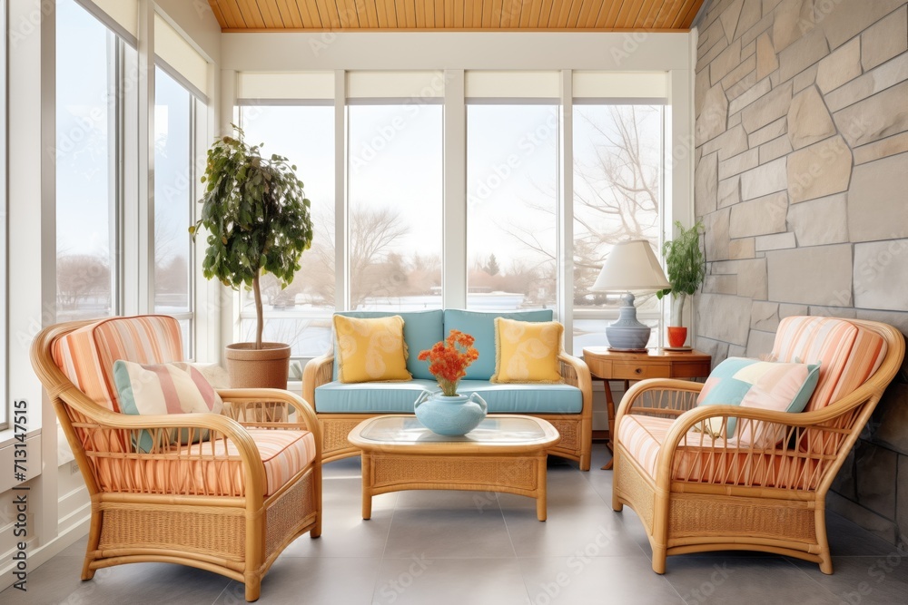 Fototapeta premium bright sunroom with stone walls, wicker chairs