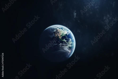 This stunning image captures the Earth as seen from outer space, enveloped in the darkness of the cosmos. Bathed in a subtle glow, our planet appears serene and beautiful against the backdrop of the