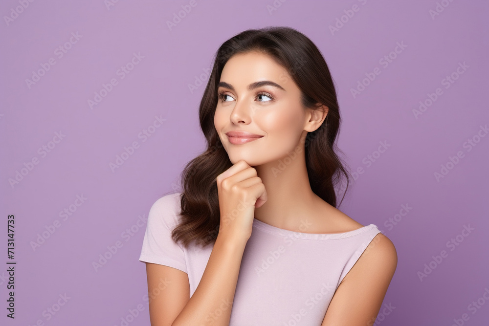Cute lady thinking about her inspiration touch chin looking mockup choosing product option isolated on purple color background Cute lady thinking about her inspiration touch chin looking mockup choosing product option isolated on purple color background