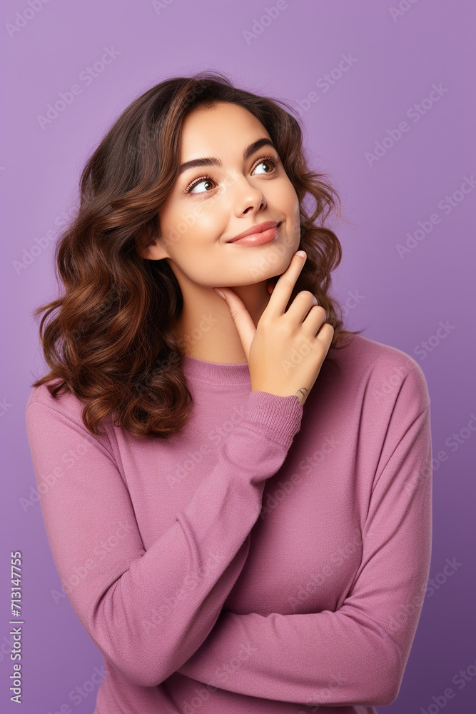Cute lady thinking about her inspiration touch chin looking mockup choosing product option isolated on purple color background Cute lady thinking about her inspiration touch chin looking mockup choosing product option isolated on purple color background